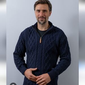 Aran Crafts Men's Atlantic blue 1/2 Zip Cable Knit Zip Sweater $189